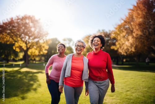 Multiracial senior women enjoying in park after workout lesson. Generative Ai