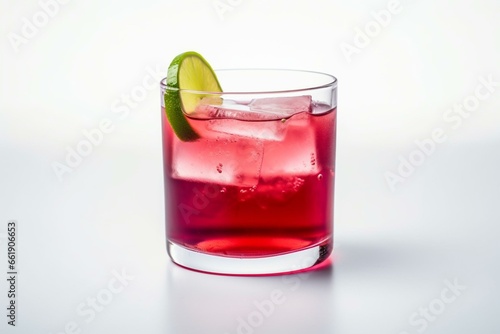 A drink with a blend of vodka, cranberry juice, lime, and triple sec, presented on a white background. Generative AI