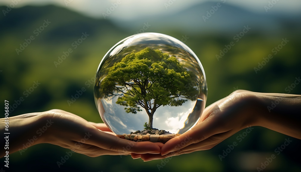 Human hands holding a crystal ball with a tree in the middle.