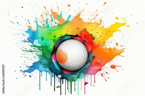 Colorful splash art of a golf ball on a white background, vertical shape, for a tournament poster. Graphic illustration. Generative AI