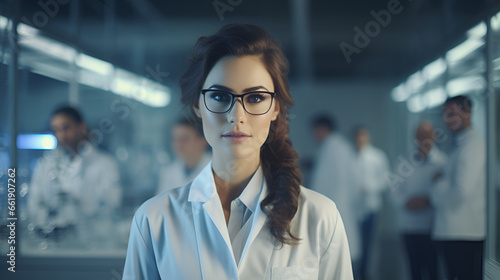 eautiful young woman scientist wearing white coat and glasses in modern Medical Science Laboratory with Team of Specialists on background