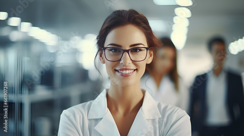 eautiful young woman scientist wearing white coat and glasses in modern Medical Science Laboratory with Team of Specialists on background photo