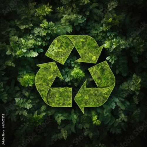 Recycling symbol with plants, environmental preservation concept. Generative AI