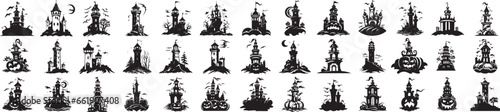 Haunted spooky house from a horror movie, black and white vector, silhouette shapes illustration