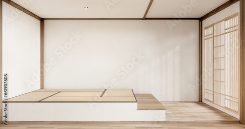 Japan modern room interior cleaning room with tatami mat and lamp Japanese style.