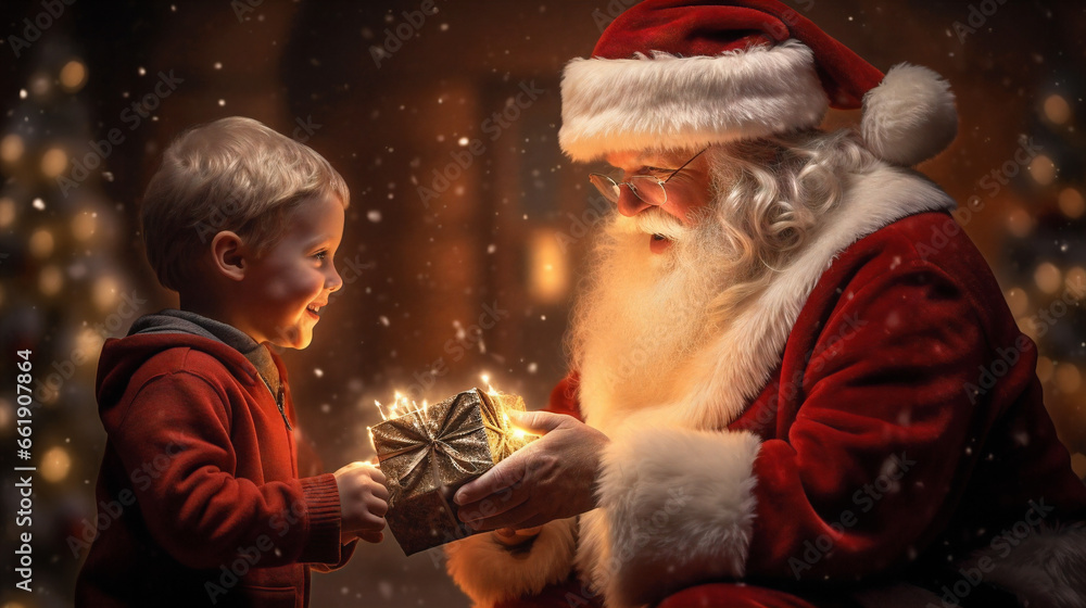 Warmful Santa Claus giving a gift to a happy child on a Christmas night. Kid, December, presents, box, Generative AI