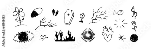 Various tattoo sketch doodle. Hand drawn ink cartoon sribbles in ignorant, grunge style. Rough eye, pill, coffin, fire, flower, heart, fish. (Full Vector)
