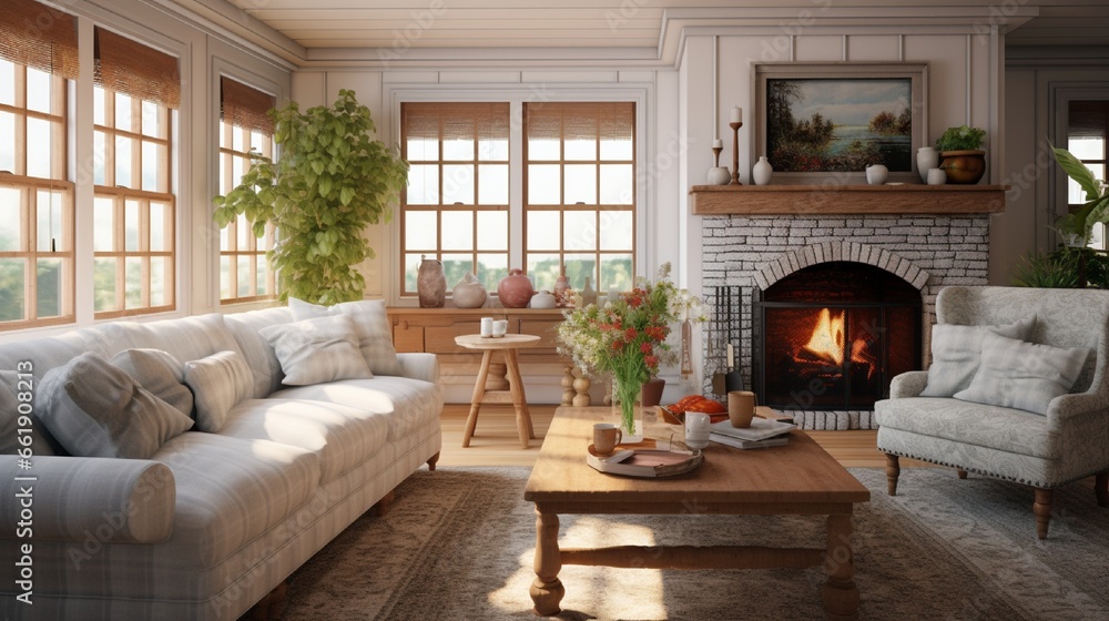 Cozy farmhouse living room interior, 3d render Cozy farmhouse living room interior, 3d render
