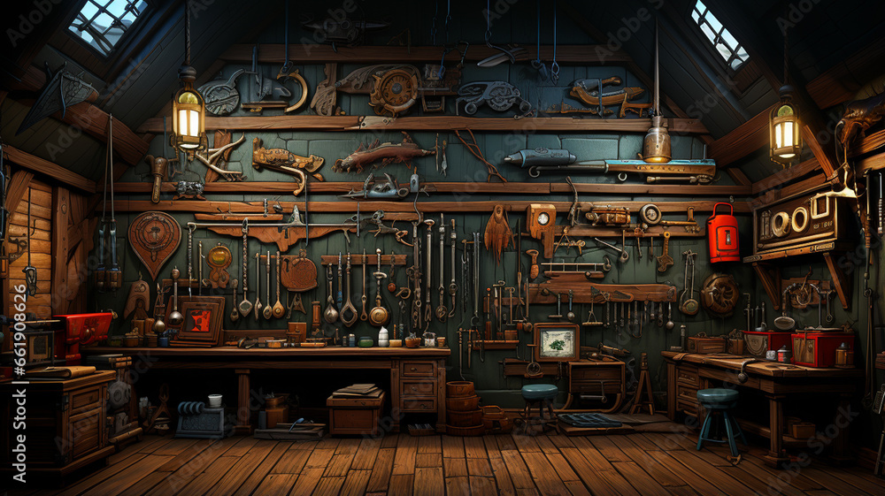 A pile of tools hang on the wall in the workshop A pile of tools hang on the wall in the workshop