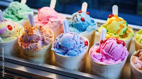 Vibrant display of various types of ice-cream, frozen confections, created with Generative Ai technology.