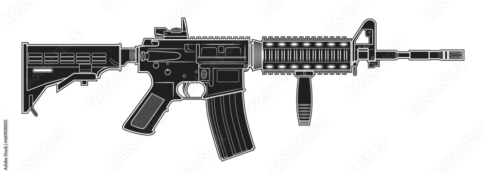 Vector drawing of M4 assault rifle with adjustable stock, collimator and foregrip on a white background. Black. Right side.