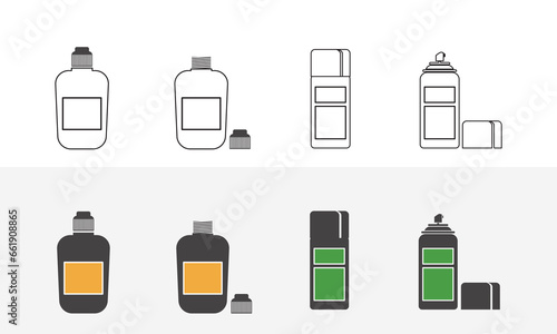 The illustration is 4 closed and open paint bottles, flat and outline models