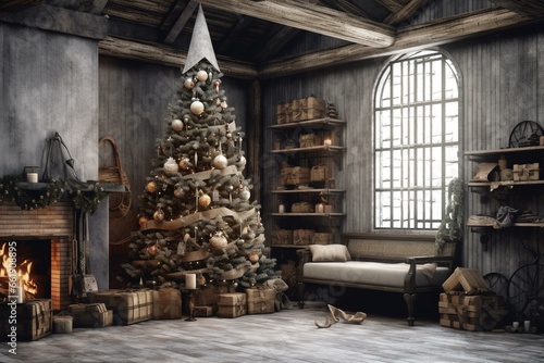 Festive interior featuring a Christmas tree adorned with wooden branches and wrapped gifts. Generative AI © Ilya