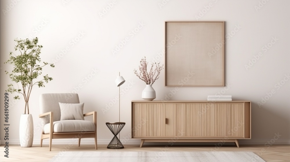 Creative composition of living room interior with mock up poster frame, copy space, wooden sideboard, vase with branch, rattan armchair, beige rug and personal accessories. Home decor. Template. - obrazy, fototapety, plakaty 