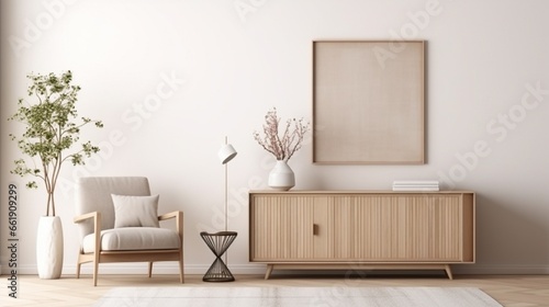 Creative composition of living room interior with mock up poster frame, copy space, wooden sideboard, vase with branch, rattan armchair, beige rug and personal accessories. Home decor. Template. photo