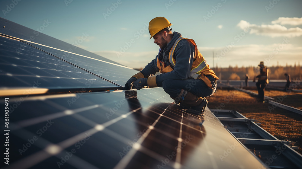  Male engineer in uniform walking and looking at solar power plant. Man in hard helmet examining object. Concept of solar station development and green energy. Worker on solar power station outdo - obrazy, fototapety, plakaty 