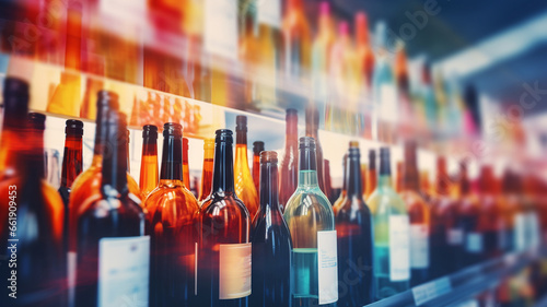 wine bottles in the row on the shelves