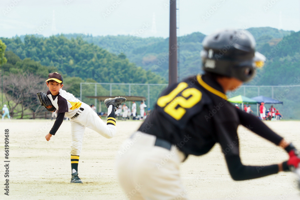Obraz premium 空振りを奪うサウスポー（少年野球）