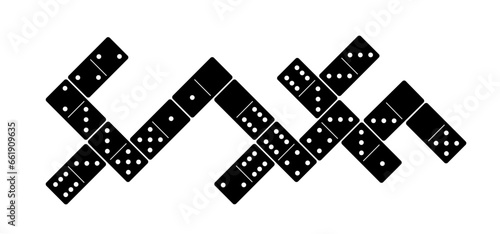 Cartoon domino tiles. Classic dominoes, domino's pictogram. Playing, parts of game full bones tiles. Black, white domino. Flat vector set. 28 pieces. White chip of domino on board for gambling. 