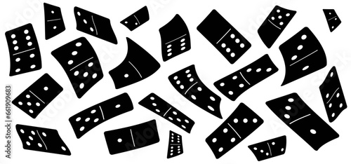 Cartoon falling domino tiles. Classic dominoes, domino's pictogram. Playing, parts of game full bones tiles. Black, white domino. Vector set. 28 pieces. White chip of domino on board for gambling. 