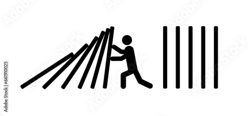Cartoon stickman stop falling domino effect. Stack break crisis conflict, crash safety. Business resilience concept Classic dominoes, domino's pictogram. Man or person stopping domino effect.