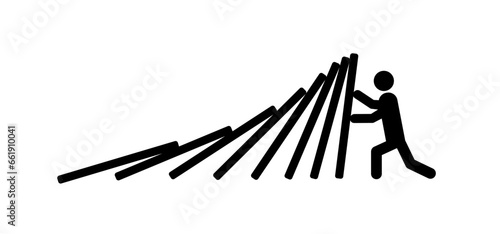Cartoon stickman stop falling domino effect. Stack break crisis conflict, crash safety. Business resilience concept  Classic dominoes, domino's pictogram. Man or  person stopping domino effect.