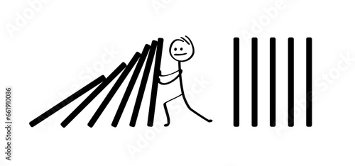 Cartoon stickman stop falling domino effect. Stack break crisis conflict, crash safety. Business resilience concept  Classic dominoes, domino's pictogram. Man or  person stopping domino effect.