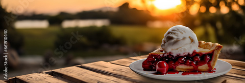 cherry pie on a wooden table outside during an autumn sunset, thanksgiving, halloween with copy space