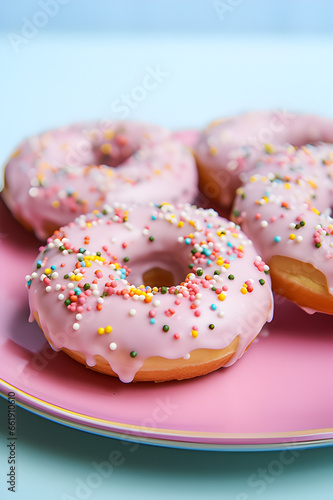 Glazed donuts with sprinkles, on a plate with floral print.