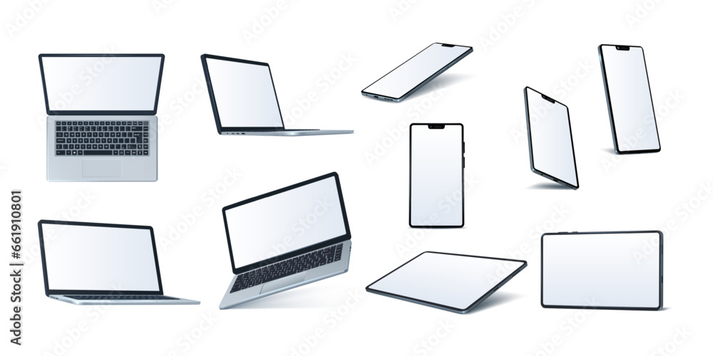 Laptop, tablet and smartphone mockup. 3d PC and mobile phone in perspective side, blank website on isometric empty screen, monitor isolated electronic elements. Vector gadget digital models