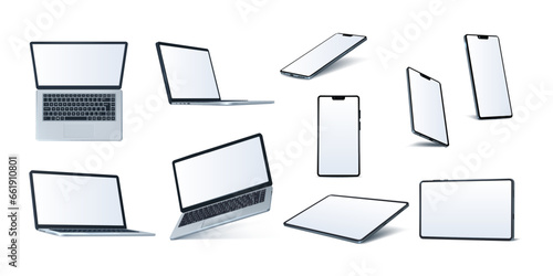 Laptop, tablet and smartphone mockup. 3d PC and mobile phone in perspective side, blank website on isometric empty screen, monitor isolated electronic elements. Vector gadget digital models