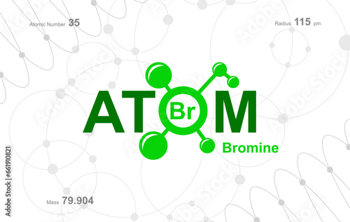 modern logo design for the word "Atom". Atoms belong to the periodic system of atoms. There are atom pathways and letter Br.