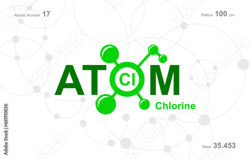 modern logo design for the word "Atom". Atoms belong to the periodic system of atoms. There are atom pathways and letter Cl.