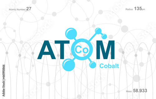modern logo design for the word "Atom". Atoms belong to the periodic system of atoms. There are atom pathways and letter Co.
