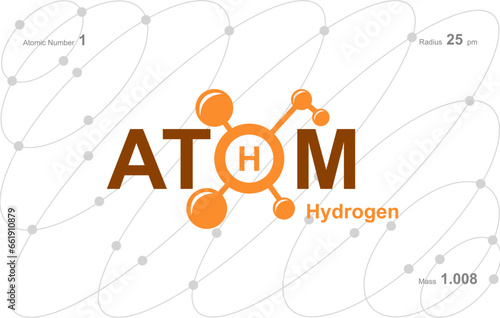 modern logo design for the word "Atom". Atoms belong to the periodic system of atoms. There are atom pathways and letter H.