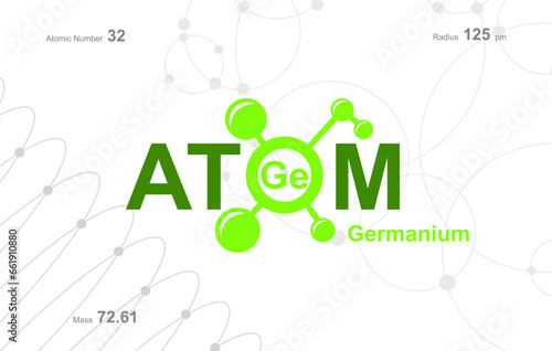 modern logo design for the word "Atom". Atoms belong to the periodic system of atoms. There are atom pathways and letter Ge.