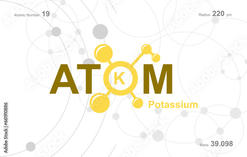 modern logo design for the word "Atom". Atoms belong to the periodic system of atoms. There are atom pathways and letter K.