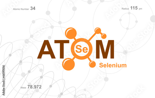 modern logo design for the word "Atom". Atoms belong to the periodic system of atoms. There are atom pathways and letter Se.