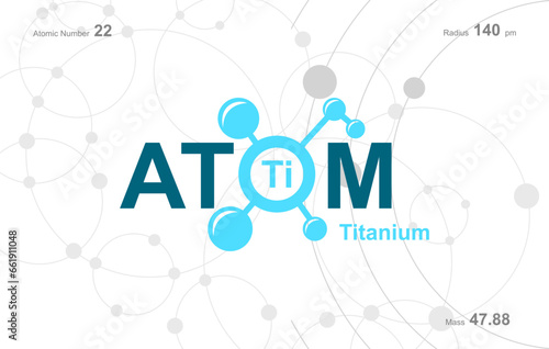 modern logo design for the word "Atom". Atoms belong to the periodic system of atoms. There are atom pathways and letter Ti.