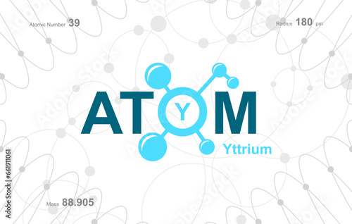 modern logo design for the word "Atom". Atoms belong to the periodic system of atoms. There are atom pathways and letter Y.