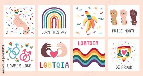 Pride month. LGBTQIA community. LGBT flag. Rainbow way icon for parade post. People diversity. Raised arm fists. Love heart. Rights and freedom. Hand drawn poster. Vector cute banners set