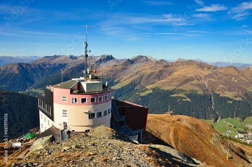 Jakobshorn summit. View of the mountain station from the aerial cableway of Davos Klosters Mountains. High quality photo
