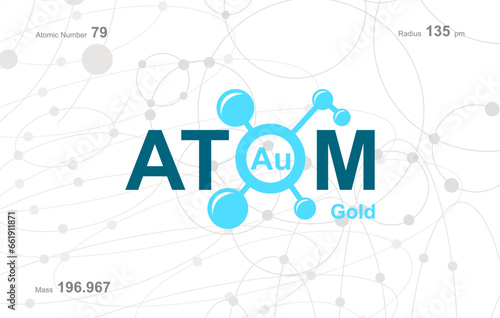 modern logo design for the word "Atom". Atoms belong to the periodic system of atoms. There are atom pathways and letter Au.