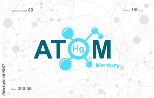 modern logo design for the word "Atom". Atoms belong to the periodic system of atoms. There are atom pathways and letter Hg.