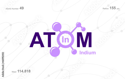 modern logo design for the word "Atom". Atoms belong to the periodic system of atoms. There are atom pathways and letter In.