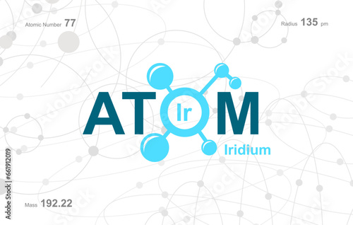 modern logo design for the word "Atom". Atoms belong to the periodic system of atoms. There are atom pathways and letter Ir.