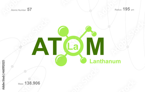 modern logo design for the word "Atom". Atoms belong to the periodic system of atoms. There are atom pathways and letter La.