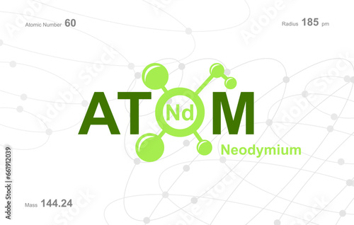 modern logo design for the word "Atom". Atoms belong to the periodic system of atoms. There are atom pathways and letter Nd.