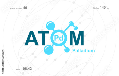 modern logo design for the word "Atom". Atoms belong to the periodic system of atoms. There are atom pathways and letter Pd.