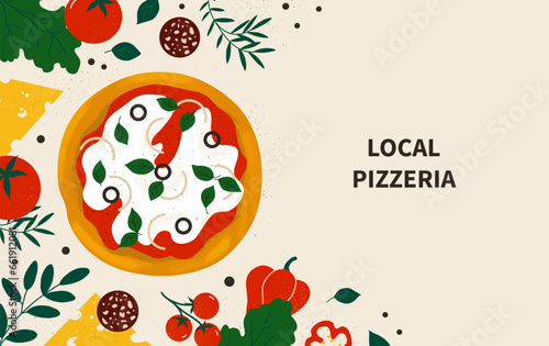 Local pizzeria banner. Pizza ingredients. Italian food, pasta restaurant menu cover, cheese, olive and baked dough decoration. Different fresh vegetables. Vector isolated background